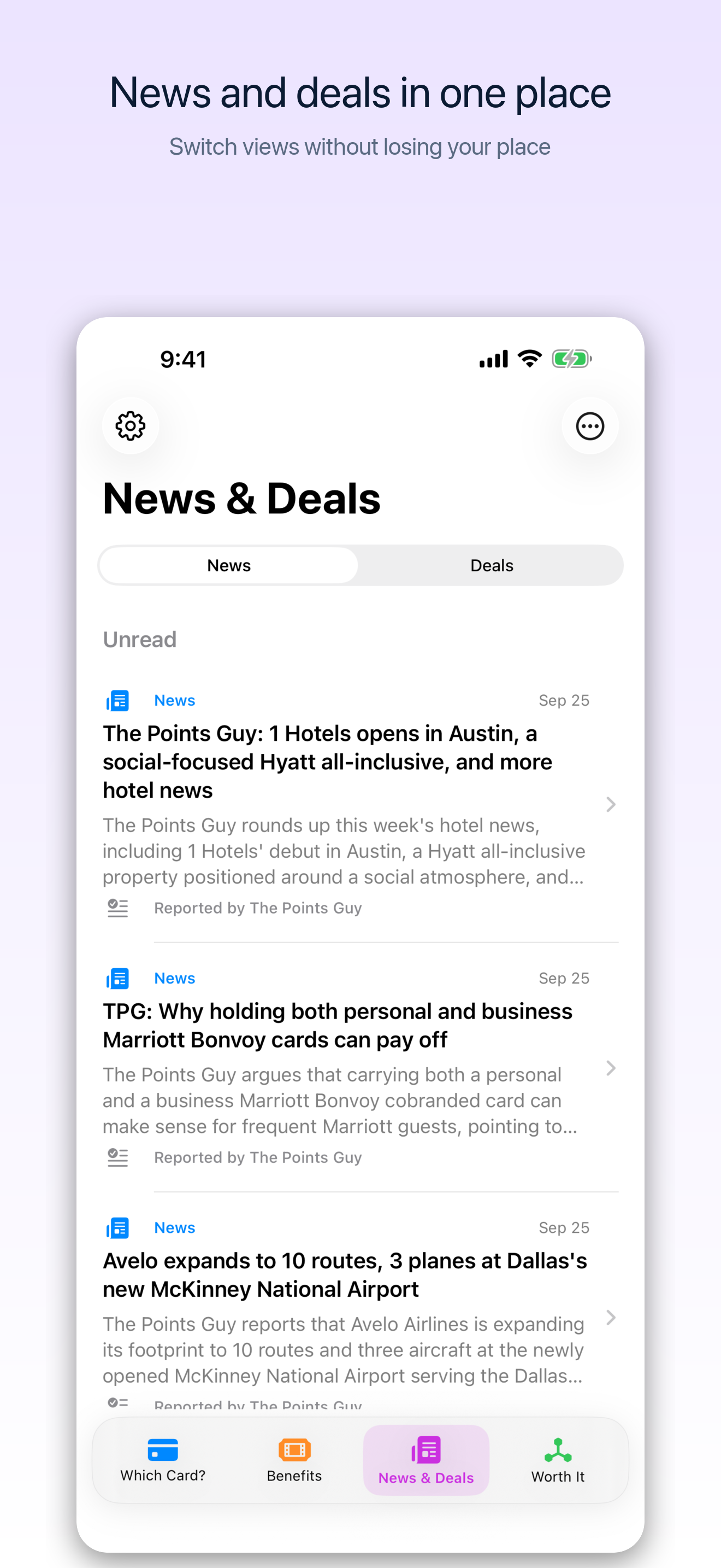 News and Deals tab showing the News view and its category switch