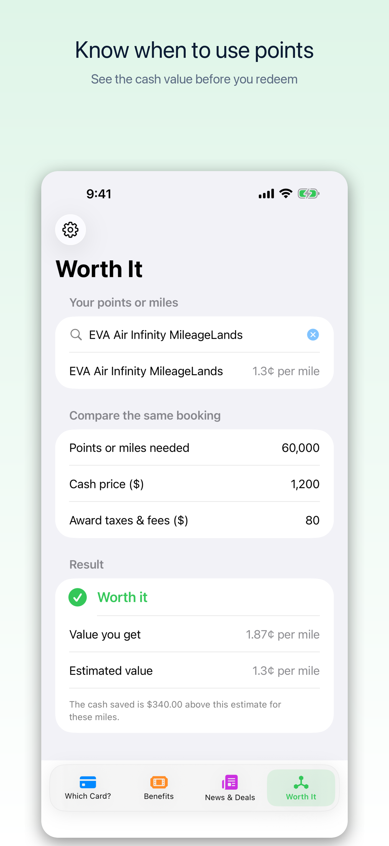Worth It screen comparing the cash saved on an EVA Air miles booking with a reference estimate