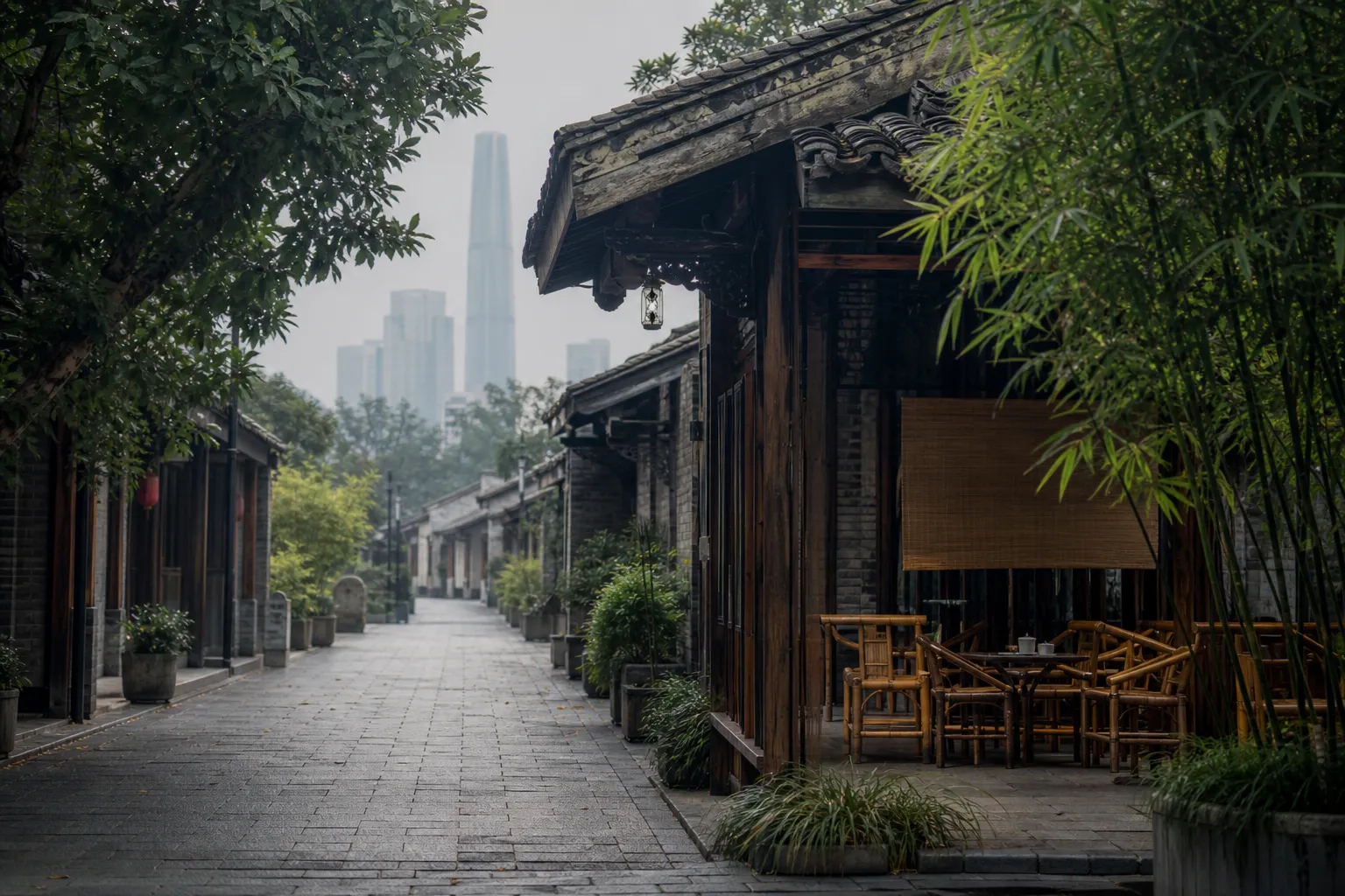 A quiet Chengdu teahouse lane framed by bamboo