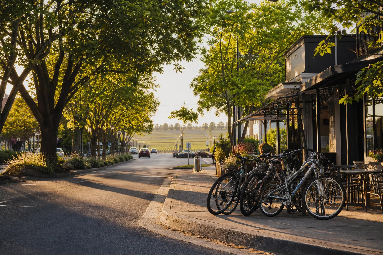 A bicycle-friendly, tree-lined street in Davis, California