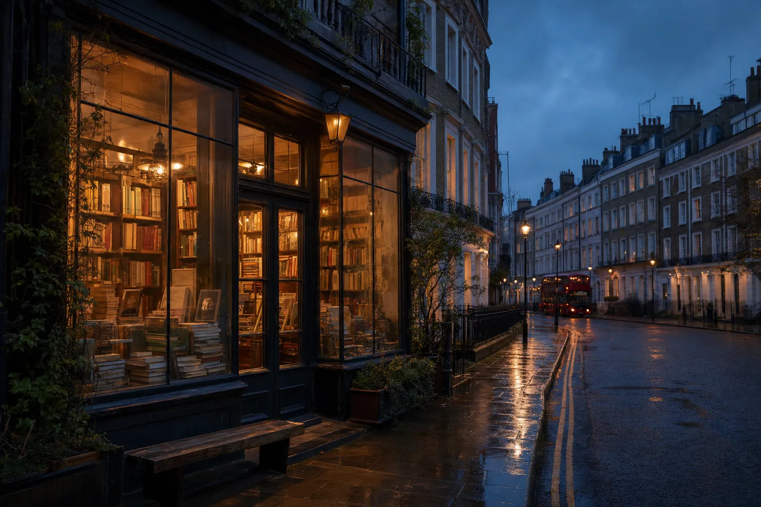 A rain-washed London bookshop street at dusk