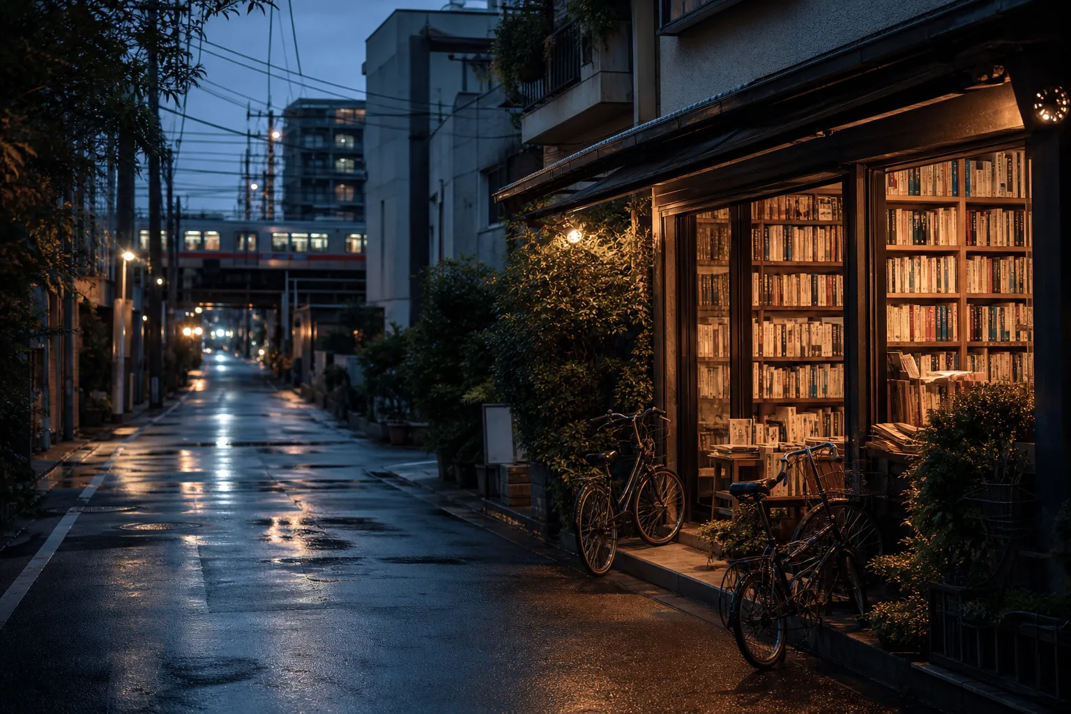 A rain-lit Tokyo bookshop street in the evening