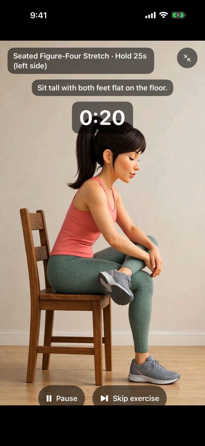 Full-screen exercise demonstration in DongDong with the exercise name, a spoken cue and a countdown