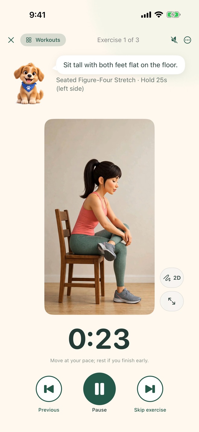 DongDong's workout player showing a seated figure-four stretch demonstration, a countdown timer and the coach's spoken cue