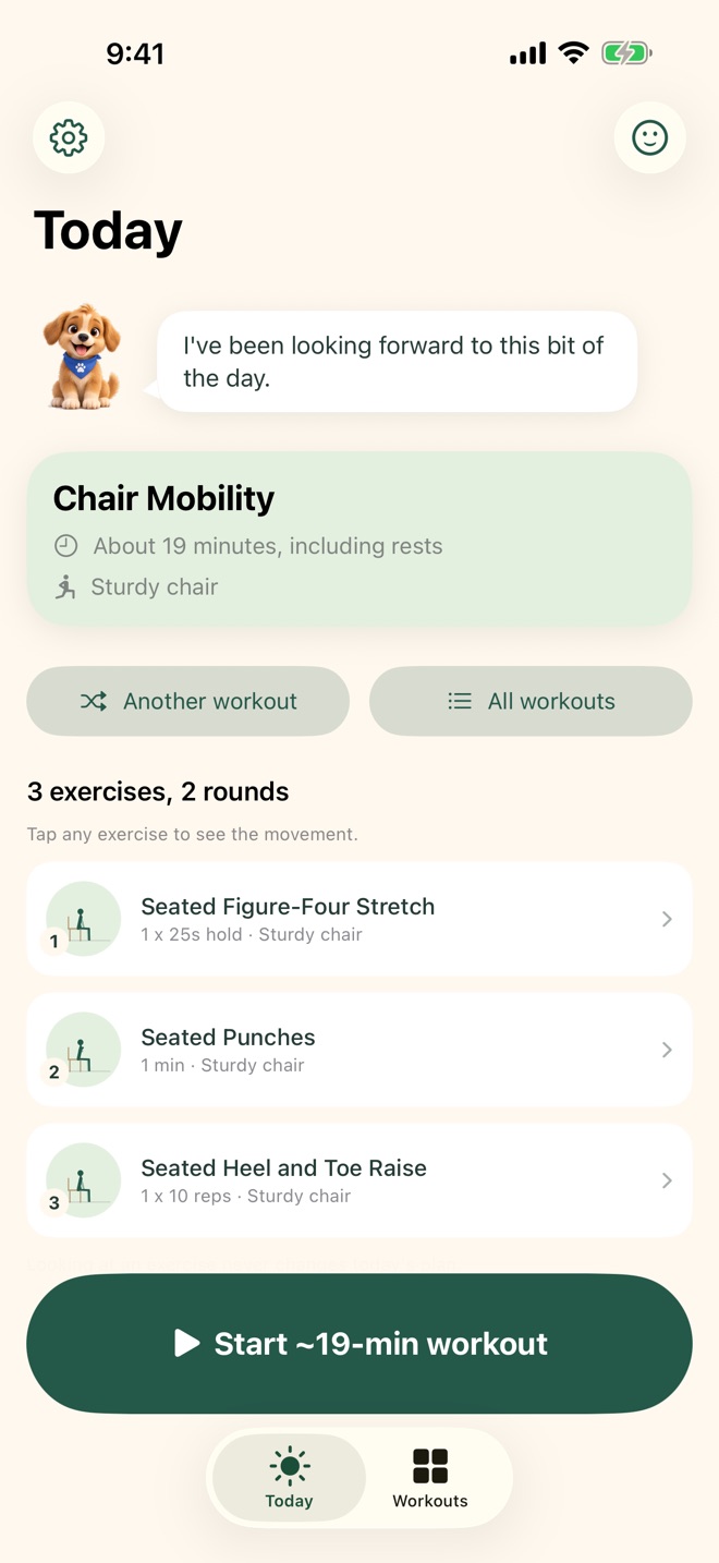 DongDong's Today screen showing a chair mobility session with three exercises and a start button