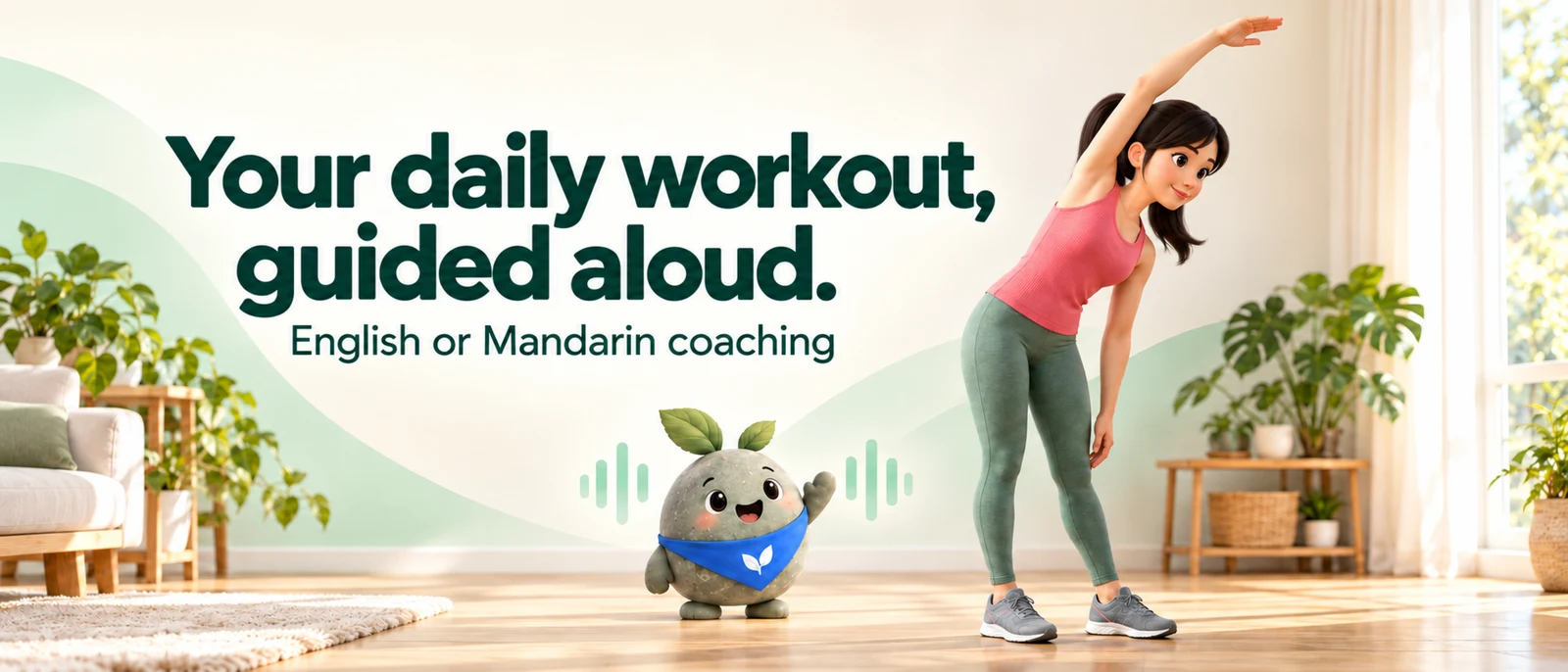 DongDong’s woman exercise demonstrator stretching beside Pebble in a bright living room