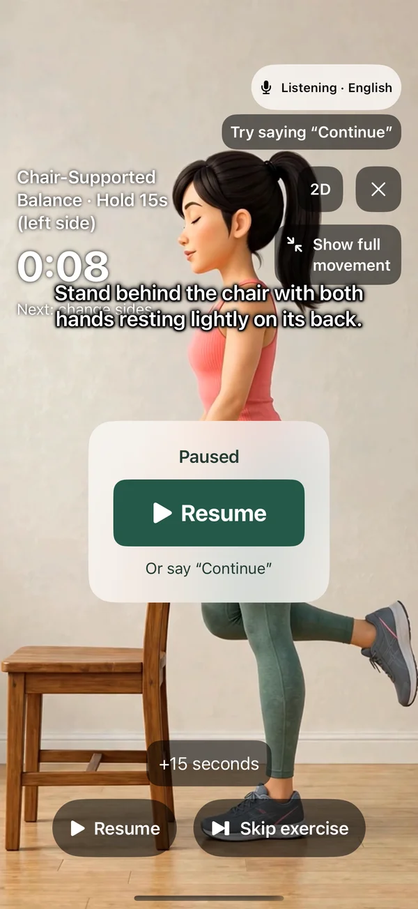 The paused full-screen workout with a large centered Resume button and a listening status