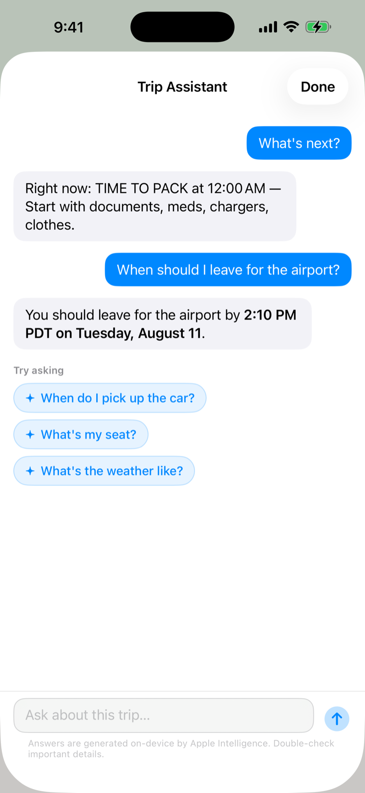 Trip Assistant answering what is next and when to leave for the airport, from the trip itself