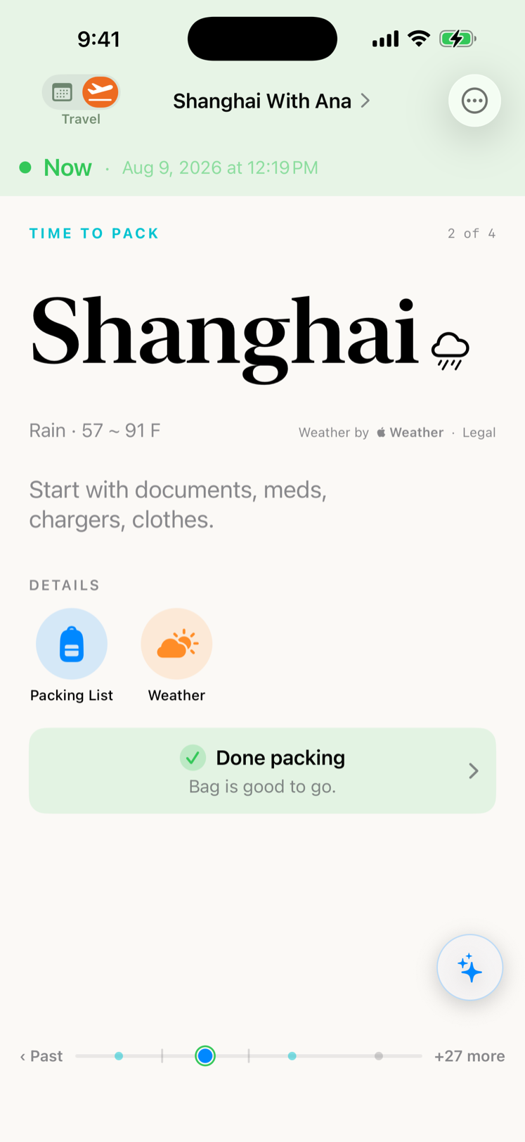 TravelOrbit in Travel mode, showing the current moment — time to pack for Shanghai