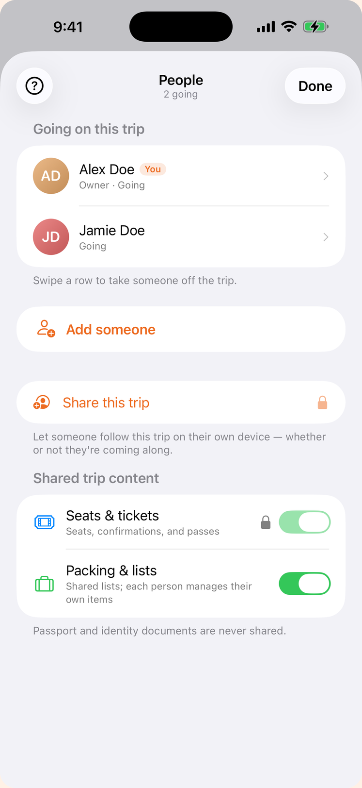 People screen listing two travelers, a Share this trip button, and switches for what shared trip content includes
