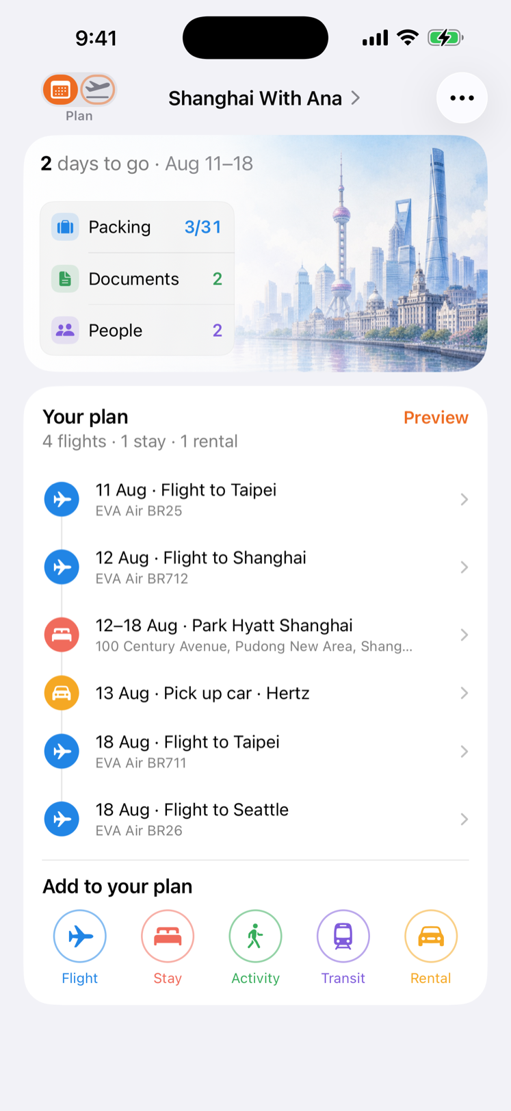 Plan mode showing a trip cover with a countdown, the plan in date order, and buttons to add a flight, stay, activity, transit or rental