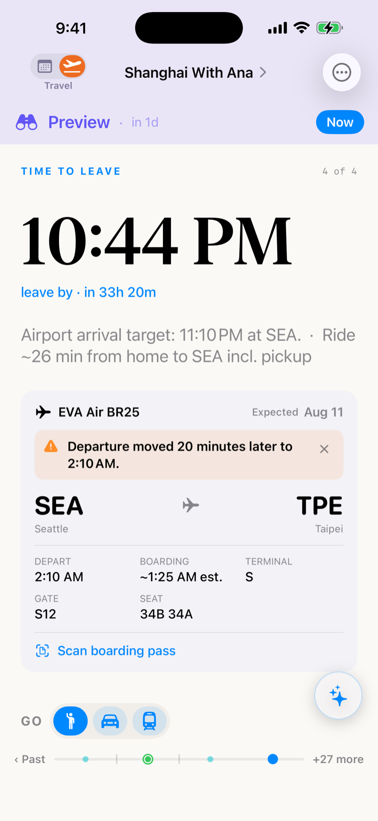 Travel-day card reading time to leave at 10:44 PM, with the SEA to TPE flight, a departure-delay notice, gate, terminal and seats