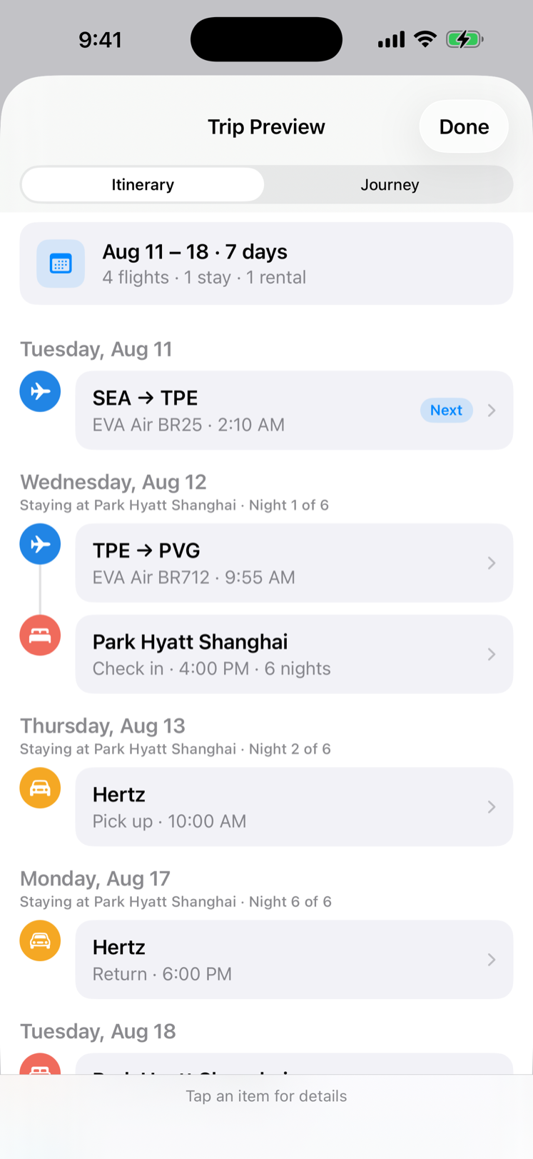 Trip Preview showing the itinerary day by day, with an Itinerary and Journey switch
